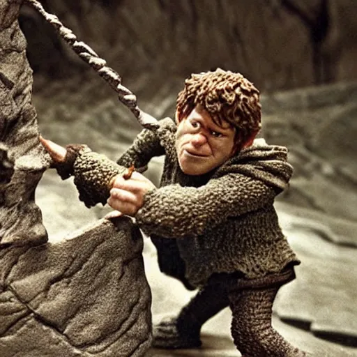 Image similar to claymation of samwise gamgee fighting shelob the spider in LOTR return of the king (2003), gritty, tilt shift, award winning, highly textured, very detailed!, eerie