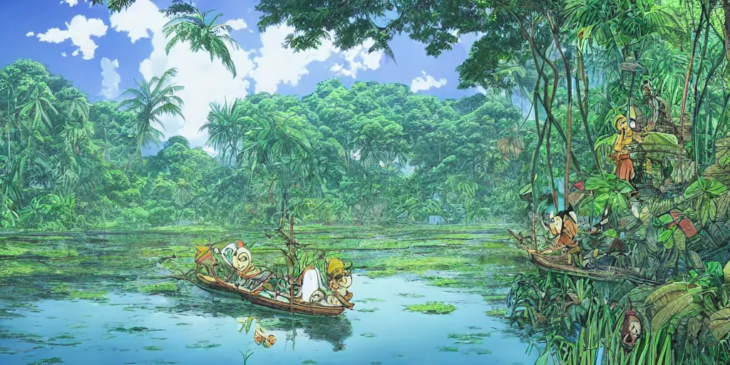 Prompt: sri lankan river jungle, drawn by hayao miyazaki