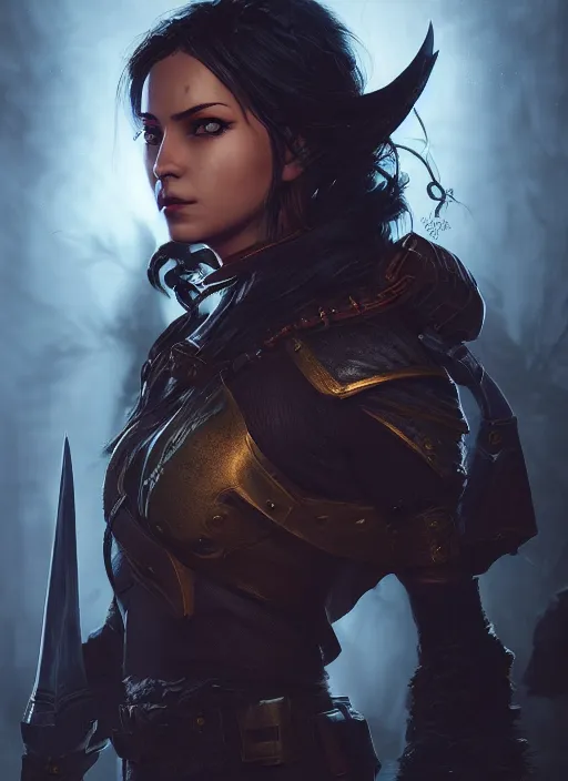 Prompt: A fantasy comic book style portrait painting of a female fantasy ranger in a atmospheric dark fortress, unreal 5, DAZ, hyperrealistic, octane render, RPG portrait, ambient light, dynamic lighting