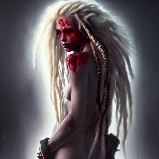 Prompt: clothed full body photography flawless beautiful psychopathic female with blonde and red dreadlocks, dark, piercing eyes, exotic expression, esoteric clothing, photorealistic, highly detailed, mysterious lighting, artstation, smooth, sharp focus, art by artgerm, greg rutkowski and luis royo