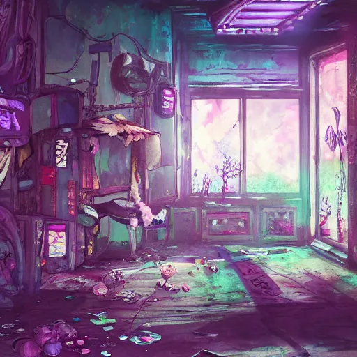 Image similar to painted anime background of the interior of a bedroom in the slums built from various coral seashells and being reclaimed by nature, nostalgia, vaporwave, litter, steampunk, cyberpunk, caustics, anime, vhs distortion, inspired by splatoon by nintendo, art created by miyazaki