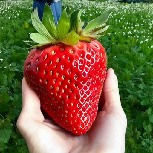 Prompt: a hand holding a giant 1 0 kg strawberry