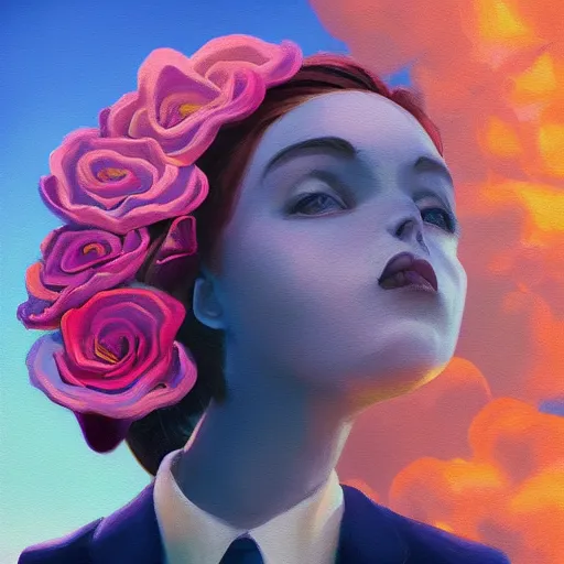 Image similar to closeup, giant rose flower face, frontal, girl in a suit, surreal photography, sunrise, blue sky, dramatic light, impressionist painting, digital painting, artstation, simon stalenhag