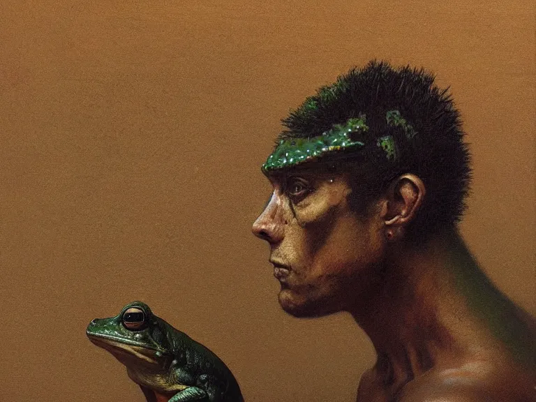 Image similar to a detailed profile portrait painting of zyzz as a frog by beksinski carl spitzweg moebius and tuomas korpi. baroque elements. baroque element. intricate artwork by caravaggio. Oil painting. Trending on artstation. 8k