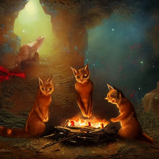 Image similar to three cute caracals wearing red bows and ties, campfire, guitar, night, atmospheric lighting, intricate, volumetric lighting, digital art, highly detailed by gaston bussiere, craig mullins, j. c. leyendecker 8 k