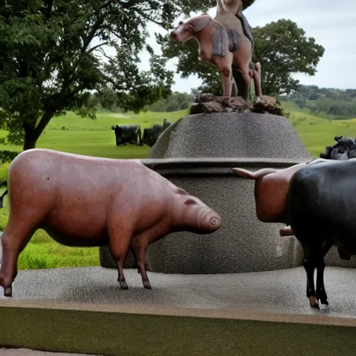 Image similar to statue of a pig, a cow, a horse, a chicken and a sheep