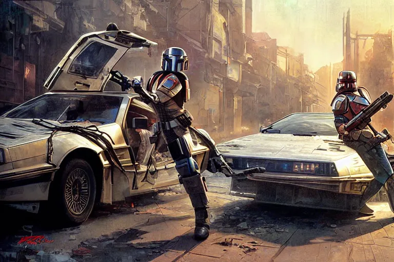 Image similar to photograph of the mandalorian entering a delorean driving down the streets of a cyberpunk abandoned city, back to the future, by greg rutkowski, by stanley artgerm, by alphonse mucha