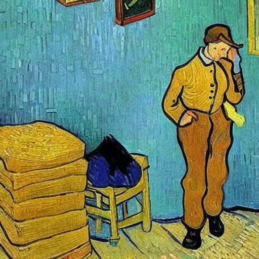 Image similar to person packing luggage for a trip, painting by Van Gogh