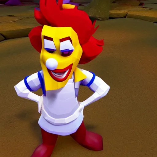 Image similar to image of ronald mcdonald, white face, red afro, red nose and yellow outfit as an enemy in spyro the dragon video game, with low poly playstation 1 graphics, upscaled to high resolution