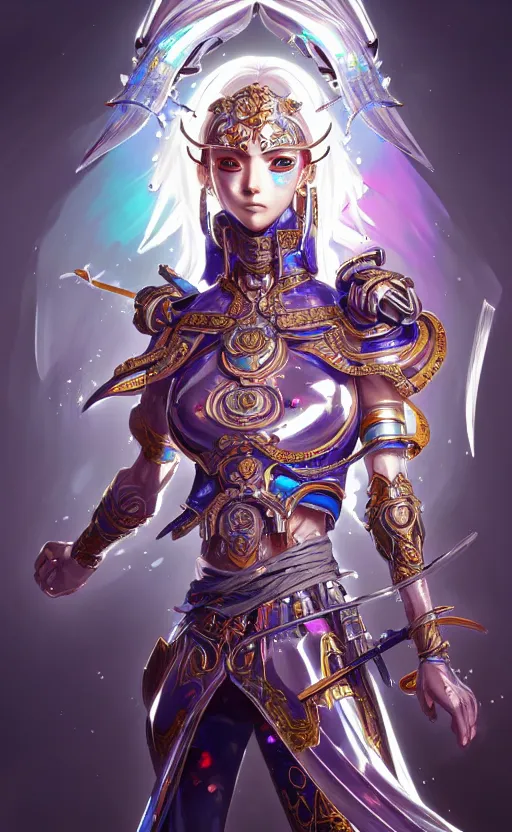 Image similar to anime iridescent opal cyborg shinobi warrior, intricate ornate details, morandi color scheme, hd, illustratio, splash art, fantasy, elegant, highly detailed, wide angle, digital painting, artstation, concept art, smooth, sharp focus, illustration, wallpaper, art by artgerm and greg rutkowski and alphonse mucha and jin xiaodi