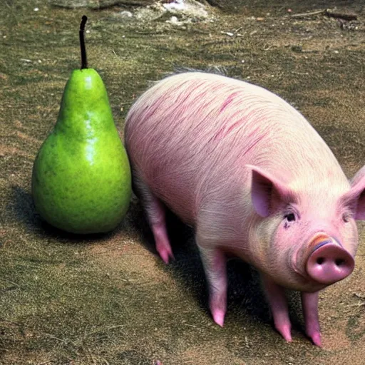 Prompt: a pig that is also a pear; a pear that is part of a pig's face; one animal; nature photo