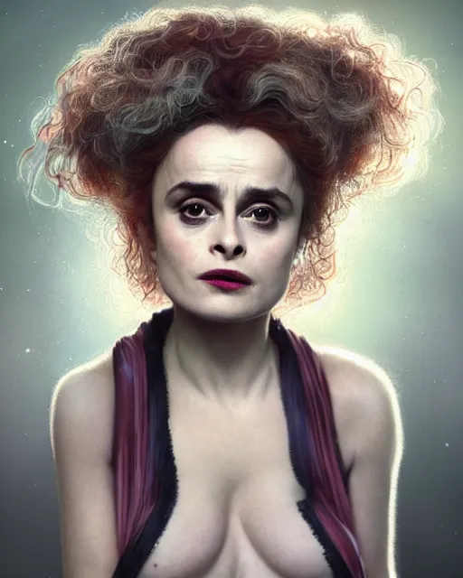 Prompt: Full potrait of Helena Bonham Carter as an angel, hyper realistic, prismatic highlights, atmosphere, gorgeous, depth of field, cinematic, macro, concept art, 50mm, artstation, wlop, elegant, epic, weta digital, focus, octane render, v-ray, 8k, kodak portra, art by Liberatore