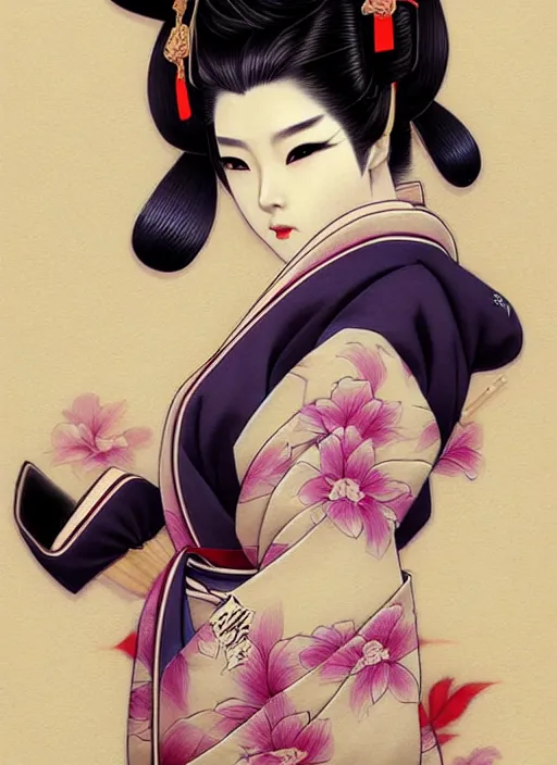 Prompt: lovely japanese geisha, character portrait, sketch, concept art, intricate details, highly detailed photorealistic, portrait, in the style of adam hughes, seseon yoon, artgerm and warren louw