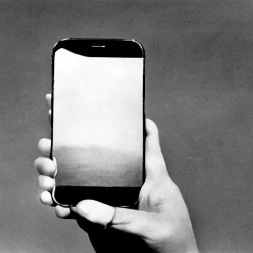 Prompt: found photograph evidence of an iphone in the 1950, black and white photography