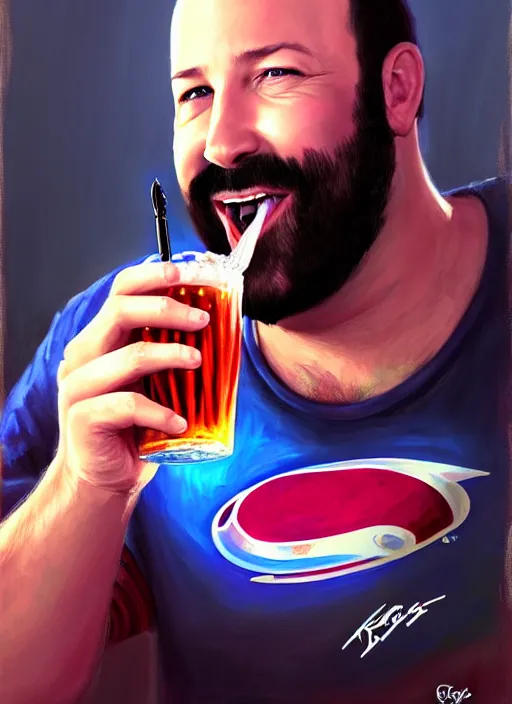 Image similar to a _ fantasy _ style _ portrait _ painting _ of burt kreischer drinking pepsi, rpg dnd oil _ painting _ unreal _ 5 _ daz. _ rpg _ portrait _ extremely _ detailed _ artgerm _ greg _ rutkowski _ greg