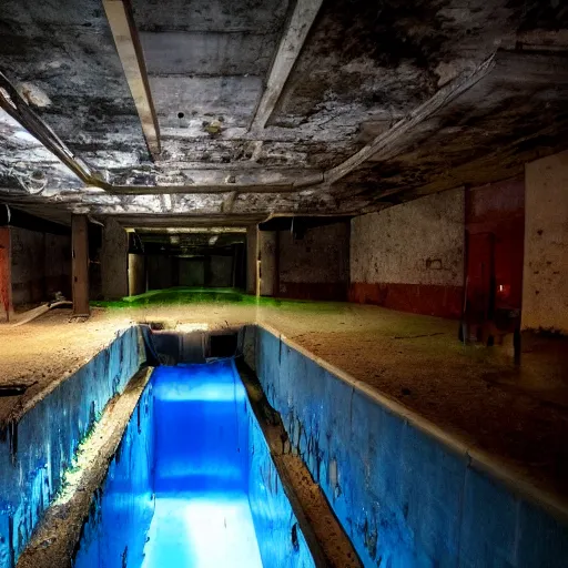 Image similar to flooded abandoned underground waterpark, liminal space, dark, eerie, creepy, dark lighting, liminal,