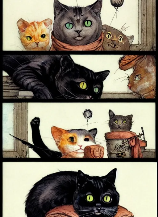 Image similar to a hyper realistic ink cat in a spaaceship 6 panel comic by chiara bautista and norman rockwell and greg rutkowski weta studio, and lucasfilm