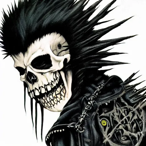 Image similar to a portrait of the grim reaper as a punk rocker, punk, skeleton face, mohawk, dark, fantasy, leather jackets, spiked collars, spiked wristbands, piercings, boots, electric guitars, motorcycles, ultrafine detailed painting by frank frazetta and vito acconci and takeshi obata, death note style, detailed painting