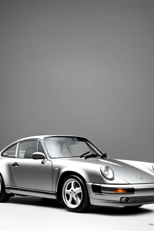 Image similar to Photo of a silver Porsche 911 Carrera 3.2, daylight, dramatic lighting, award winning, highly detailed, 1980s Versace ad, fine art print, best selling.