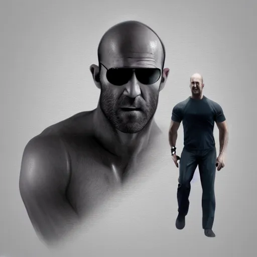 Image similar to jason statham fighting keyboard, half body shot, path traced, fight scene, highly detailed, high quality, digital painting