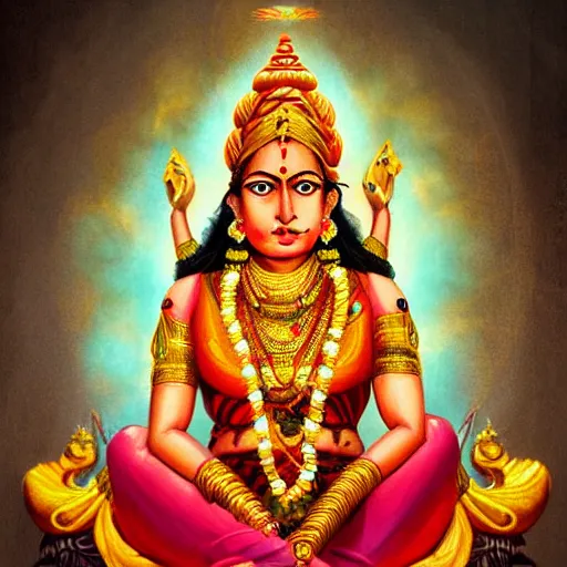 Image similar to a indian women god with eight hand gold color, concept art, art station, digital yellow red sun