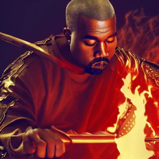 Prompt: kanye west fighting against demons with his golden sword in hell , 8k, hyper realistic, insanely detailed, legendary scene, octane render