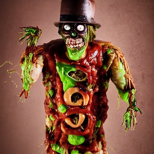 Image similar to a humanoid bipedal upright zombie that strongly resembles a hamburger, professional food photography