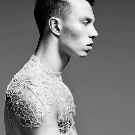 Image similar to a portrait of a beautiful young male wearing an alexander mcqueen bodysuit made of silver lace , photographed by andrew thomas huang, artistic