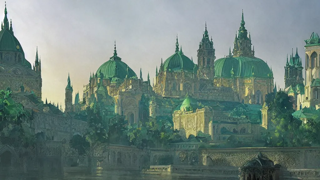 Image similar to a beautiful painting of arabian prague palace made of green, polished semiprecious malachite marble and jade at sunrise, intricate, elegant, highly detailed, digital painting, artstation, concept art, by krenz cushart and artem demura and alphonse mucha