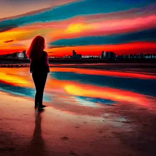 Image similar to lonely young woman with red hair magenta coat and light blue pants wandering a beach at sunset, stylized oil painting, warm lighting, city skyline in background, swimming pool in foreground