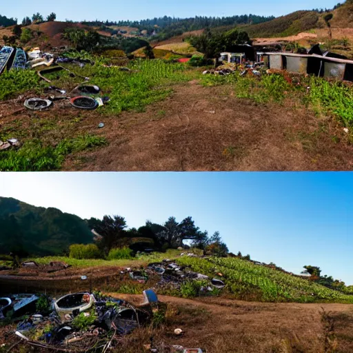 Prompt: sonoma hillside bliss screensaver with many broken dilapidated old computers graveyard, wide angle lens