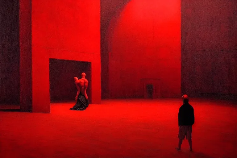 Image similar to only with red, crowd screaming, an exposed picture in a roman theater, in the style of beksinski, parts by edward hopper, parts by rodcenko, parts by yue minjun, intricate and epic composition, red by caravaggio, insanely quality, highly detailed, masterpiece, red light, artstation, 4 k