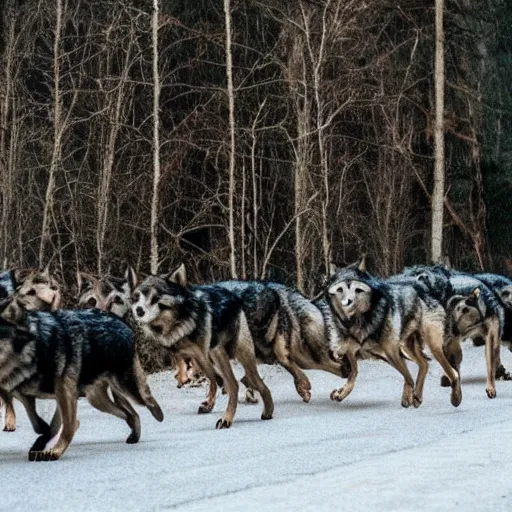 Prompt: a pack of wolves chasing a man from a forest