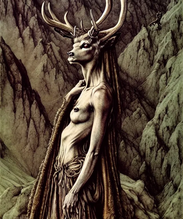 Image similar to A detailed horned deerwoman stands among the mountains with a ring in hand. Wearing a ripped mantle, robe. Extremely high details, realistic, fantasy art, solo, masterpiece, art by Zdzisław Beksiński, Arthur Rackham, Dariusz Zawadzki