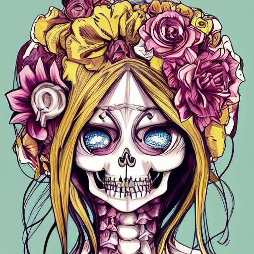 Image similar to anime manga skull portrait girl female skeleton helmet illustration 80s art Betz Etam and Sainer Etam and alphonse mucha pop art nouveau