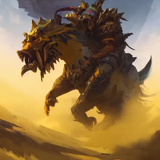 Image similar to a beast rider, warrior sitting, beast rider, yellow theme, bright art masterpiece artstation. 8 k, sharp high quality artwork in style of jose daniel cabrera pena and greg rutkowski, concept art by tooth wu, blizzard warcraft artwork, hearthstone card game artwork, beast rider