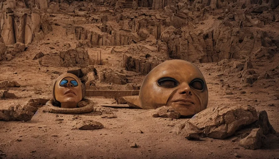 Prompt: levitating bene gesserit with full - face golden mask in a dry rocky desert landscape, alien city ruins designed by giger, giant abandoned alien city by alejandro jodorowsky, anamorphic lens, kodakchrome, practical effects, masterpiece, 8 k