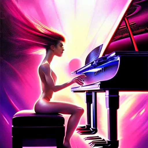 Image similar to a hyperrealistic cyborg playing the piano in a futuristic apartment, award winning art, 8k, highly detailed, sharp focus, cinematic lighting, UHD, in the style of Amano and Ayami Kojima and Karol Bak, art by Mark Brooks and Lisa Frank with vivid colors and crisp details smooth textures