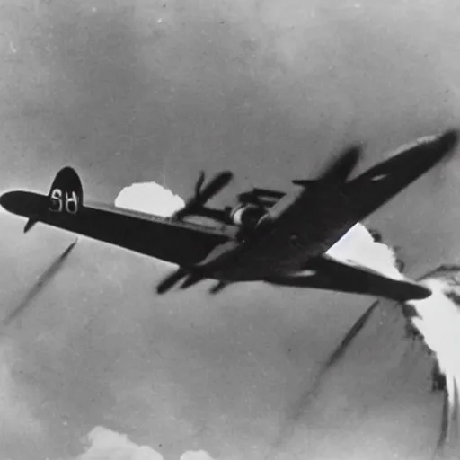 Image similar to highly detailed photograph of a plane being shot out of the sky in ww2, exploding violently, historic archive, cinematic