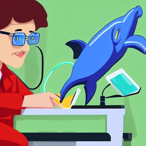 Image similar to A dolphin wearing a chemist outfit playing games on a computer, digital art