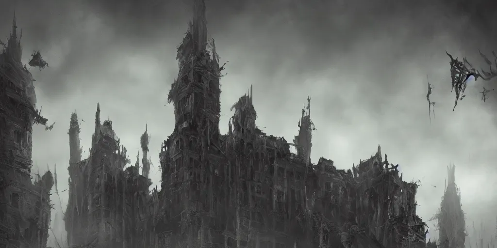 Prompt: grimdark chaos fortress, ruined, terrifying architecture, looming, dark, fog, dark souls, hyperrealistic, artstation