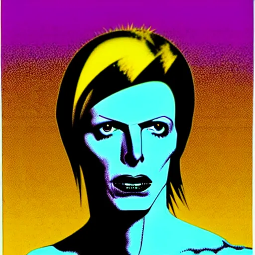 Image similar to vector art solarized screenprint of trent reznor as david bowie as dream of the endless ( sandman ) by brian bolland and andy warhol