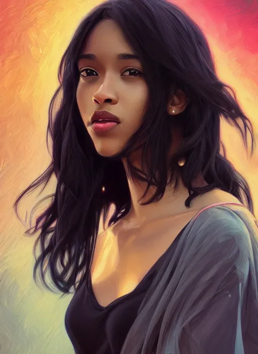 Image similar to handsome black young women with shoulder length black hair, half body shot, path traced, highly detailed, high quality, digital painting, alena aenami, lilia alvarado, shinji aramaki, karol bak, alphonse mucha, tom bagshaw