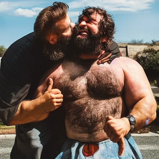 Prompt: two bearded strongmen in love