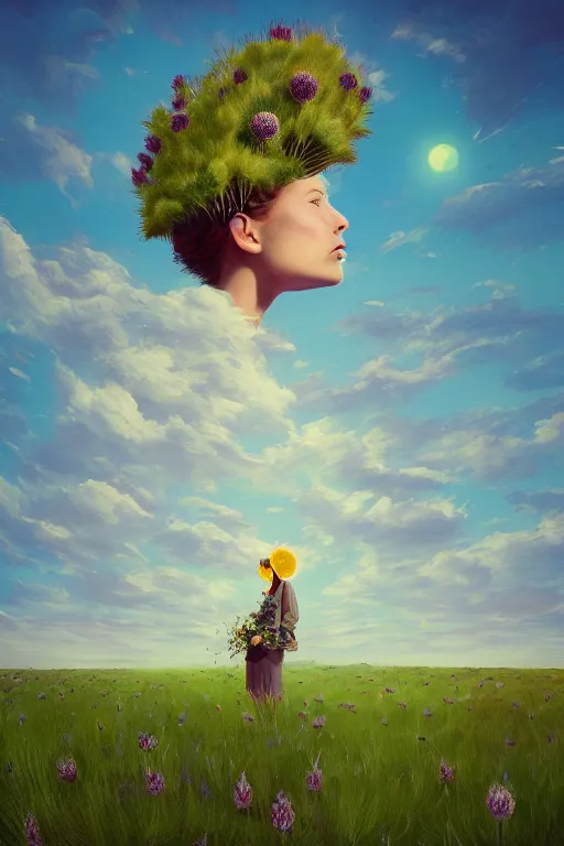 Prompt: portrait, enormous thistle flower under her head, a girl in a suit in field of flowers, surreal photography, sunrise, blue sky, dramatic light, impressionist painting, digital painting, artstation, simon stalenhag