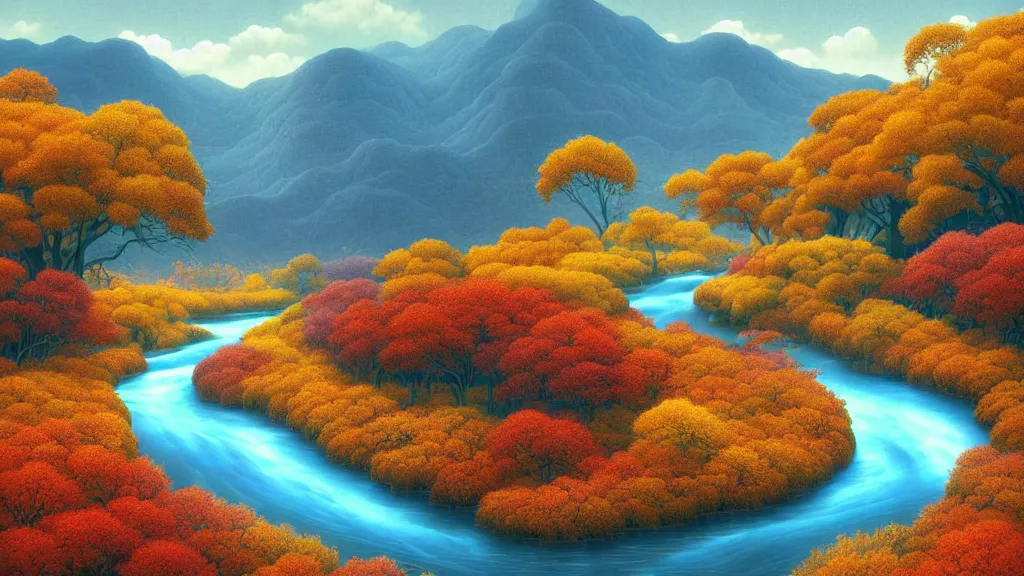 Prompt: digital painting of a lush river valley by gerald brom. blue river. autumn day. chiho aoshima. digital render. detailed. beautiful landscape.