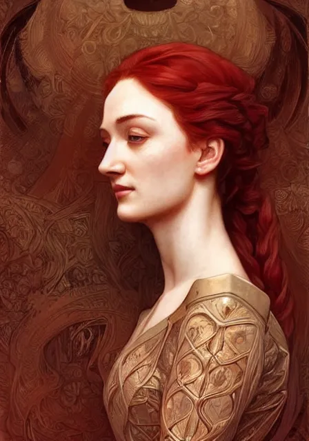 Image similar to portrait of red sansa stark, intricate, elegant, highly detailed, digital painting, artstation, concept art, smooth, sharp focus, illustration, art by artgerm and greg rutkowski and alphonse mucha and william - adolphe bouguereau