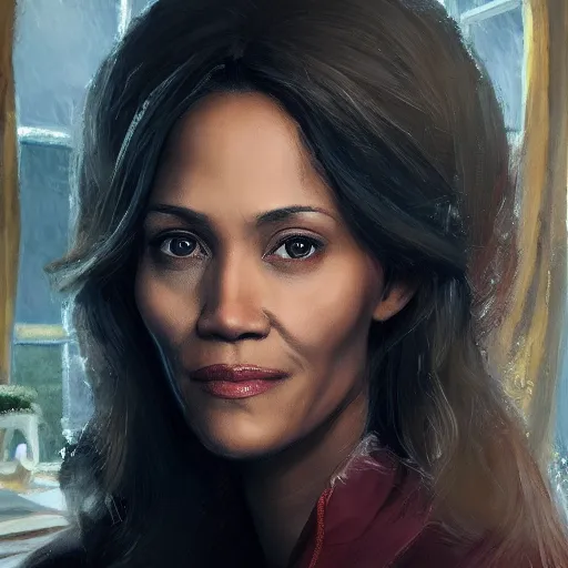 Image similar to portrait of maci holloway in the oval office, first woman elected as president in usa, cold but beautiful, about 3 5 years old, highly detailed, mix of halle berry and julia roberts, gong li, olga kurylenko, artstation hd, deviantart, by artgem, greg rutkowski