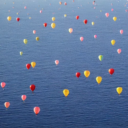 Prompt: a million balloons floating over the ocean, balloons, ocean