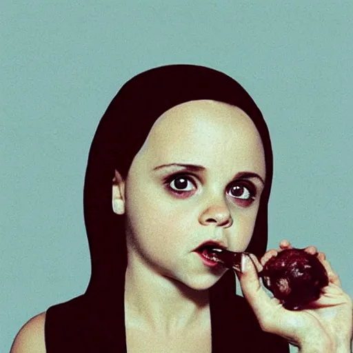 Image similar to young vampire christina ricci eating a clove of garlic, art by beeple